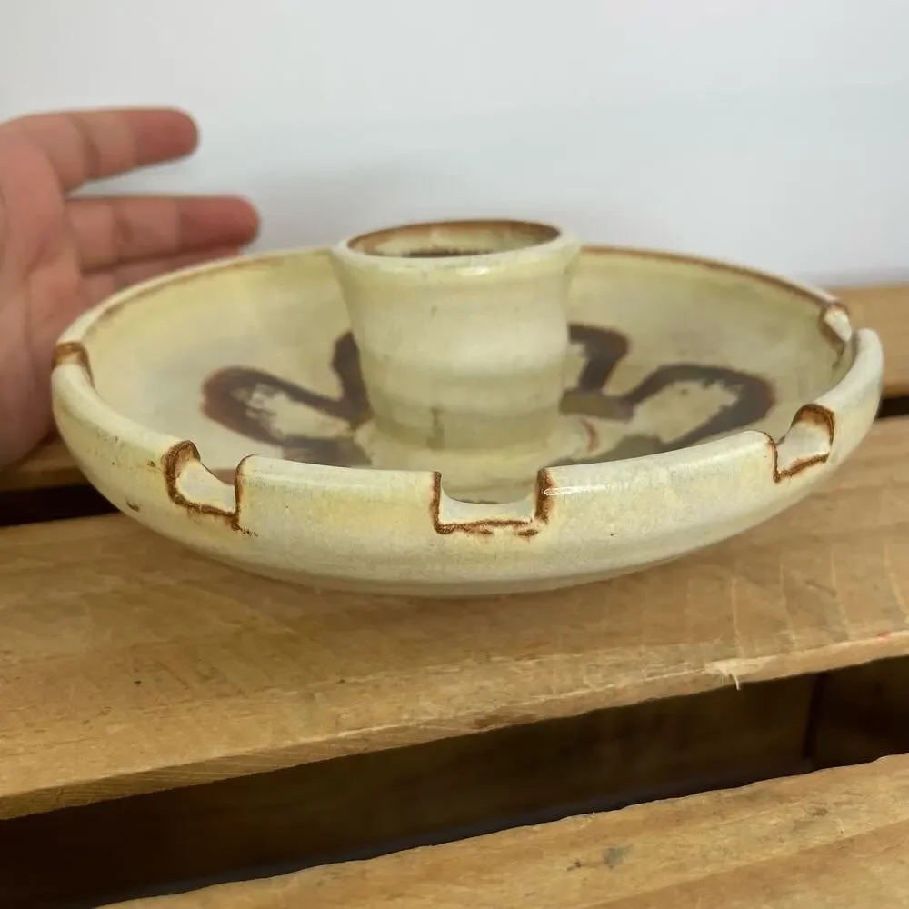 Vintage Farmhouse Pottery Candlestick Holder Ashtray Signed by artist